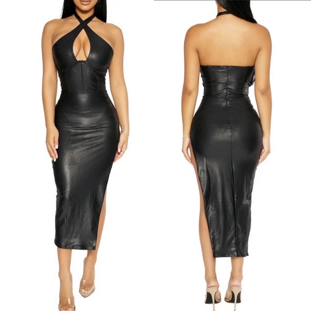 naked wardrobe Black Faux Leather Halter Midi Dress